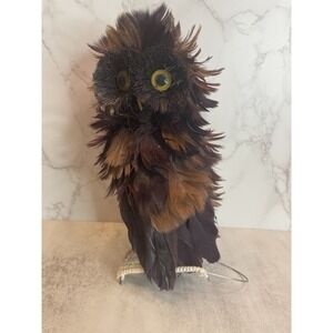 Black & Brown Owl Figurine 8" Plastic Base Real Feathers